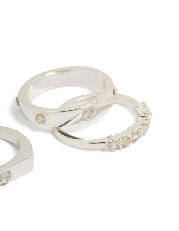 Elegant silver plated diamante inlay and band rings 4-pack with stackable design close up view