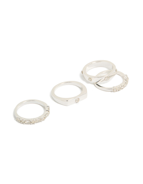 Beautifully crafted silver plated diamante inlay and band rings 4-pack with stackable design front view
