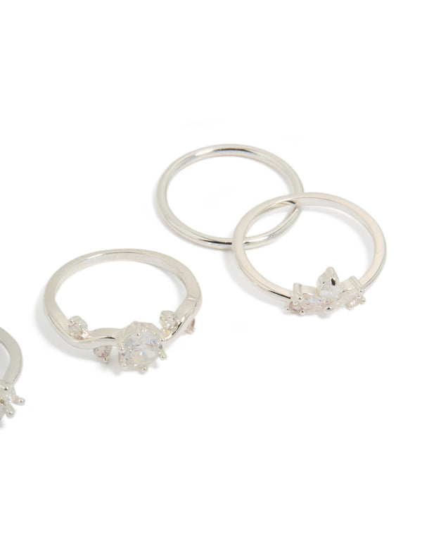 Elegantly crafted silver plated cubic zirconia marquise leaf rings 4-pack with crystal and clear stone accents side detail view