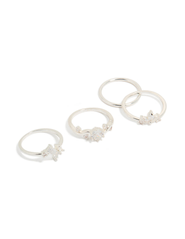 Beautifully designed silver plated cubic zirconia marquise leaf rings 4-pack featuring crystal and clear stone accents front view