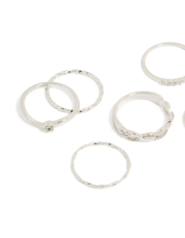 Featuring silver plated diamante and twisted rings 6-pack with solitaire cut statement design side detail view