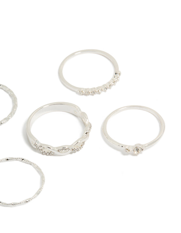 Crafted from silver plated material diamante and twisted rings 6-pack with solitaire stone cut statement style close up view