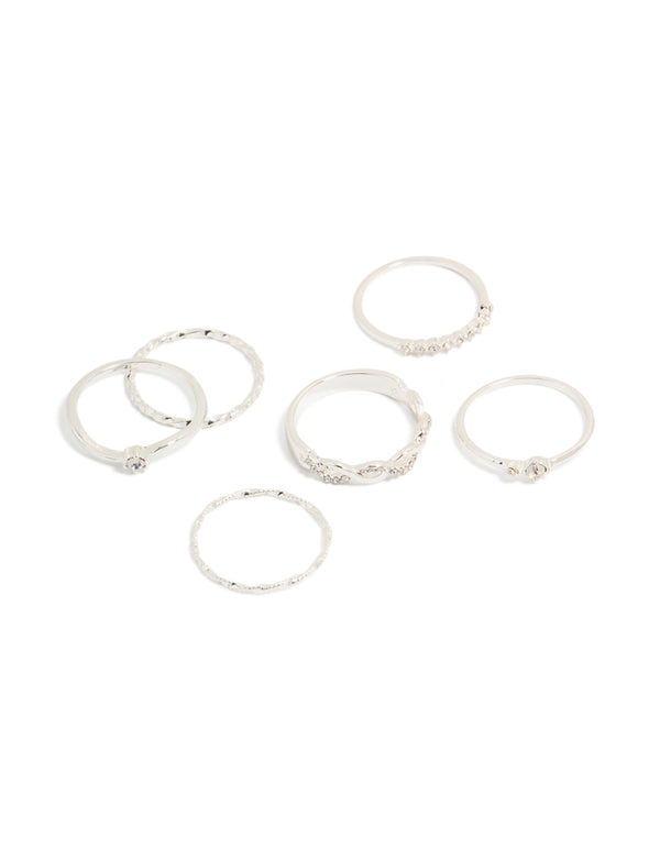 Showcasing silver plated diamante and twisted rings 6-pack with solitaire stone cut and statement style front view