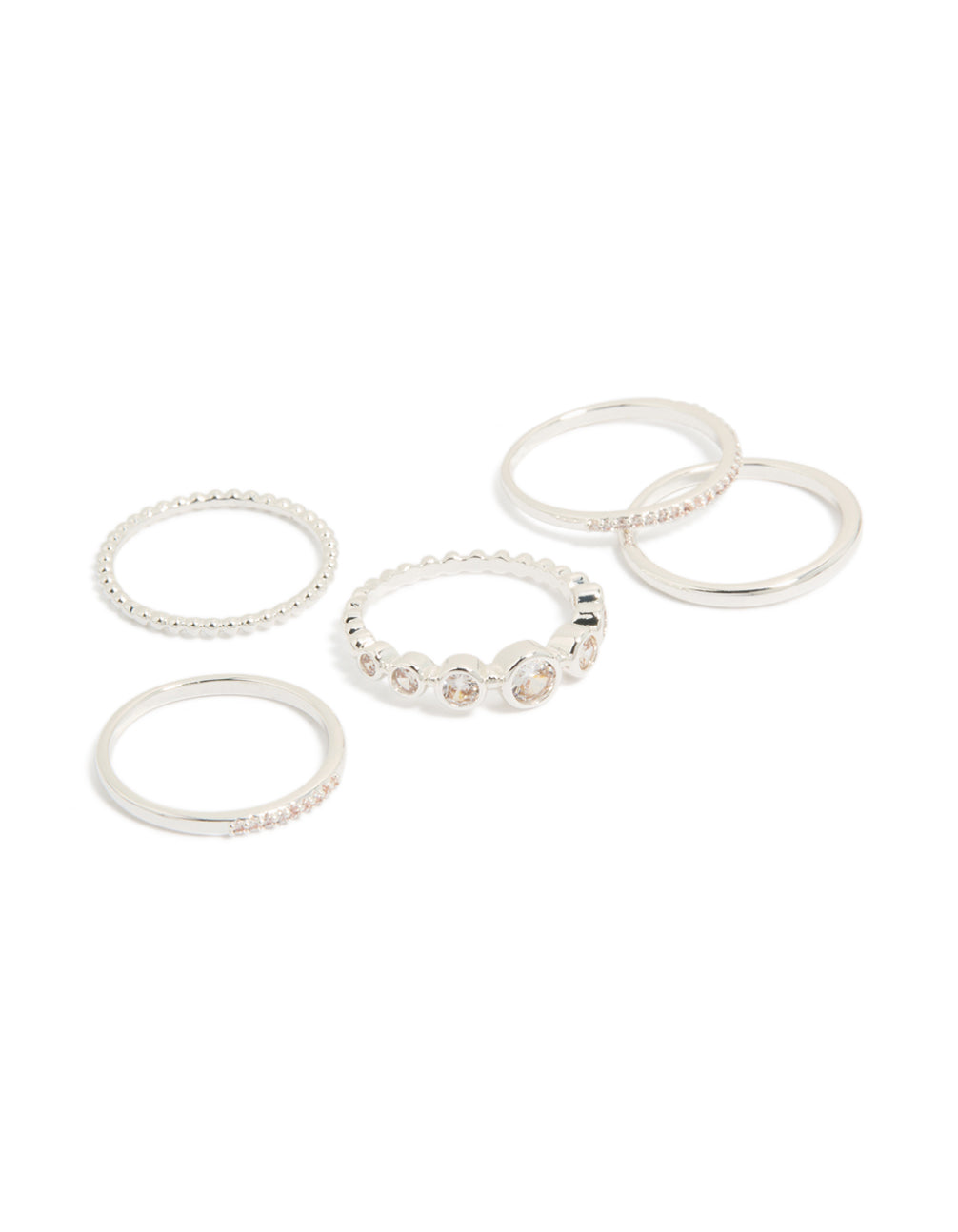 Discover silver plated cubic zirconia bezel rings 5-pack in clear front view