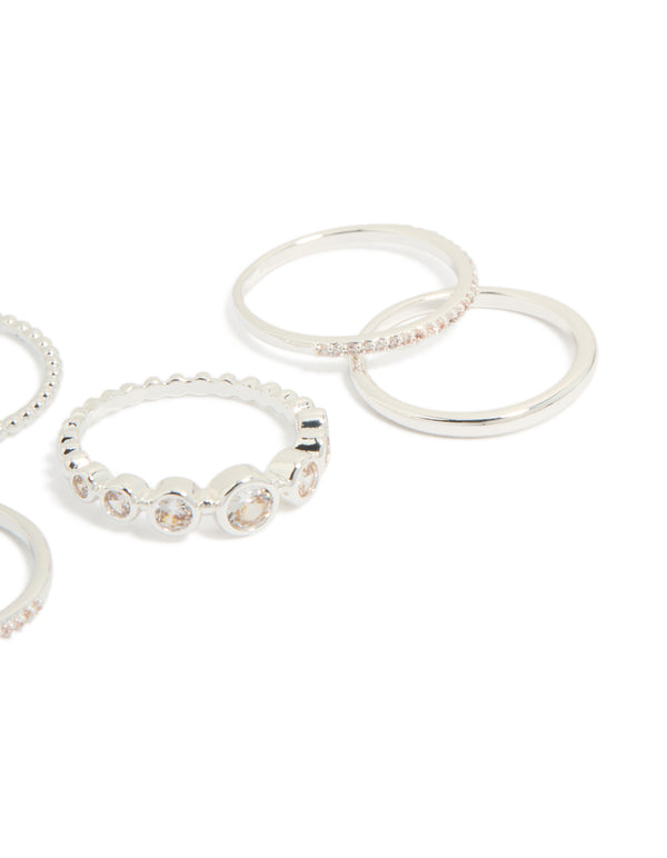 Crafted from silver plated cubic zirconia bezel rings 5-pack in clear stone side detail view