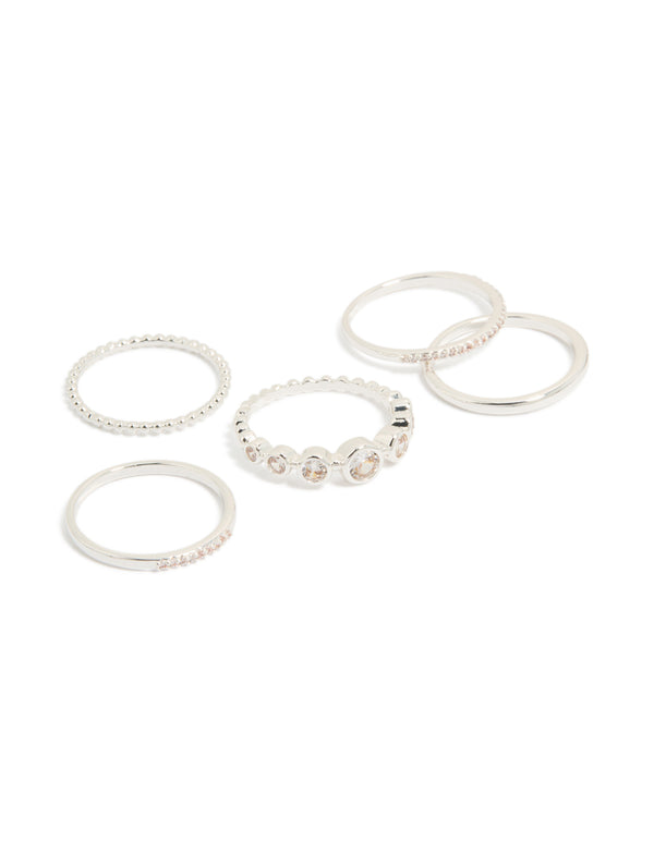 Silver Plated Cubic Zirconia Bezel Rings 5-Pack