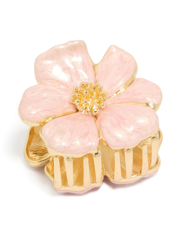 Gold Pink Enamel Blossom Flower Hair Claw Clip