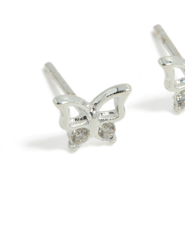Featuring dainty butterfly stud earrings crafted from waterproof stainless steel in silver close up view