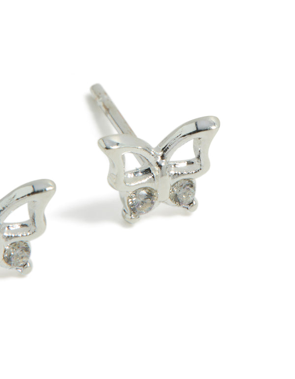 Highlighting dainty butterfly stud earrings crafted from waterproof stainless steel in silver post detail view