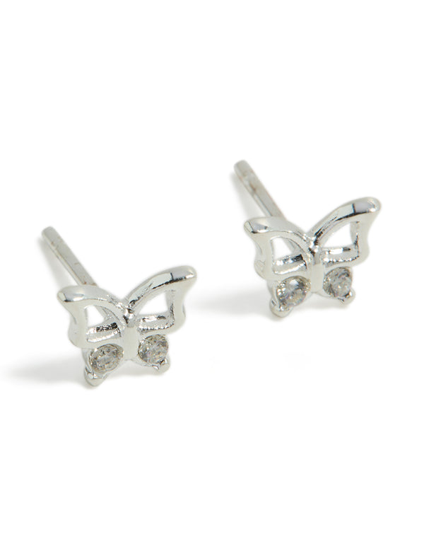 Showcasing dainty butterfly stud earrings crafted from waterproof stainless steel in silver front view