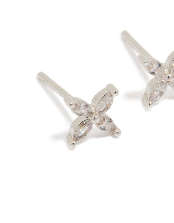 Elegant stainless steel cubic zirconia four petal stud earrings with floral design featuring plated closure in silver close up view