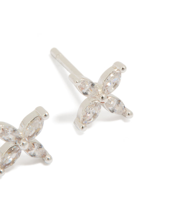 Stunning stainless steel cubic zirconia four petal stud earrings with floral design featuring plated closure in silver post detail view