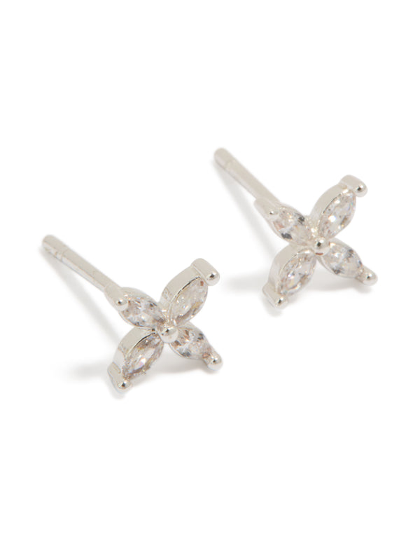 Beautifully crafted stainless steel cubic zirconia four petal stud earrings featuring floral design with plated closure in silver front view