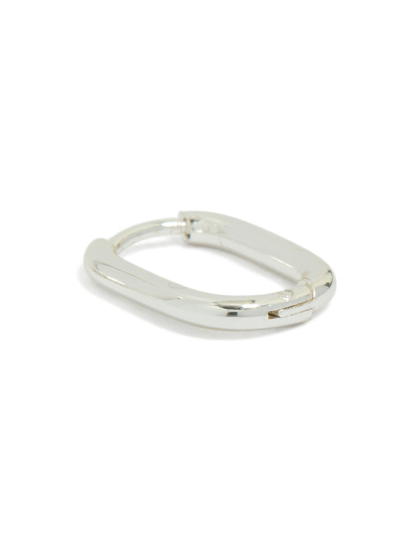 Detailed look at waterproof silver plated stainless steel rectangle huggie earrings with huggie closure in silver post detail view