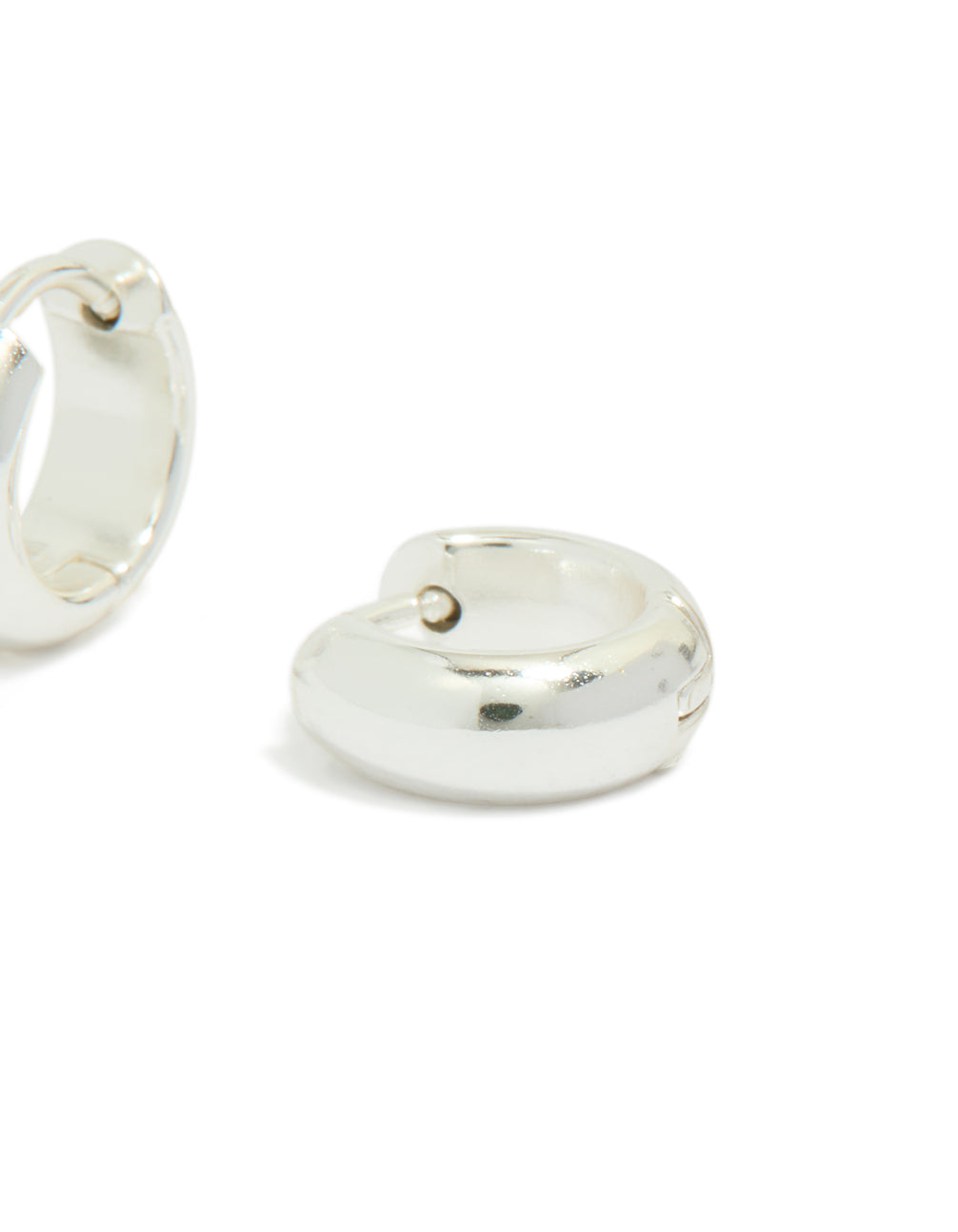 Crafted from chunky waterproof silver plated stainless steel huggie earrings post detail view