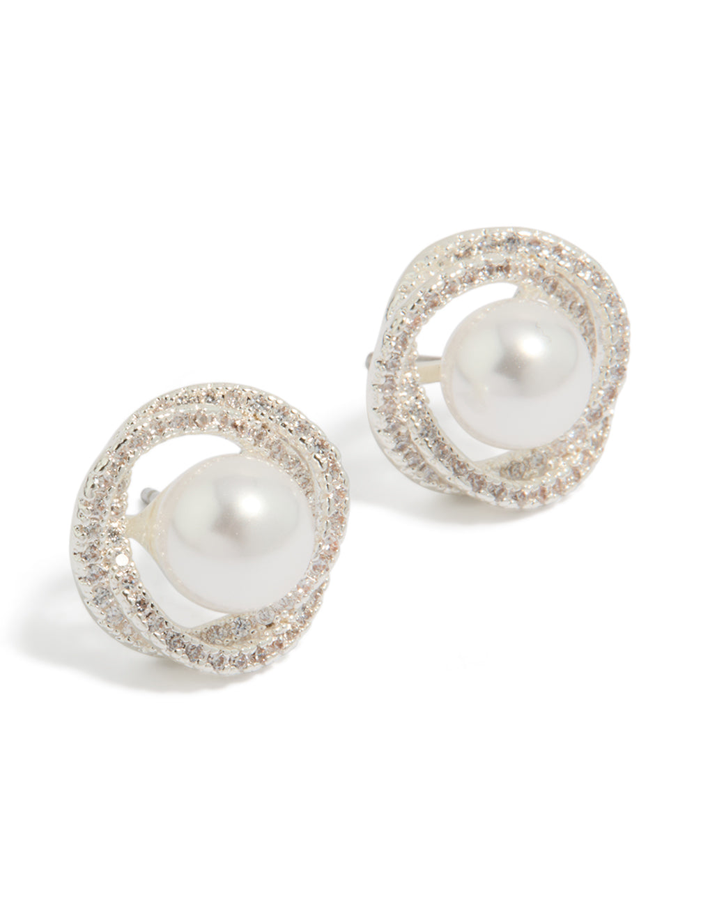 Elegant twist pearl stud earrings featuring cubic zirconia in silver plated finish front view