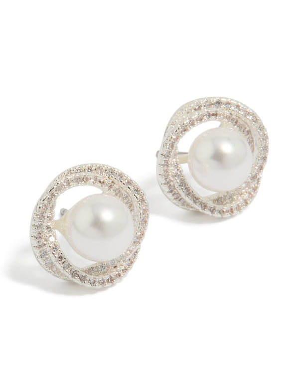 Silver Plated Cubic Zirconia Twist Pearl Stud Earrings