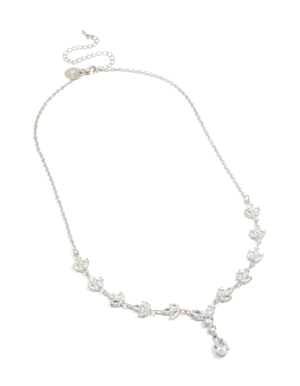Featuring a silver plated cubic zirconia marquise vine Y-necklace with floral leaf design in statement style front view