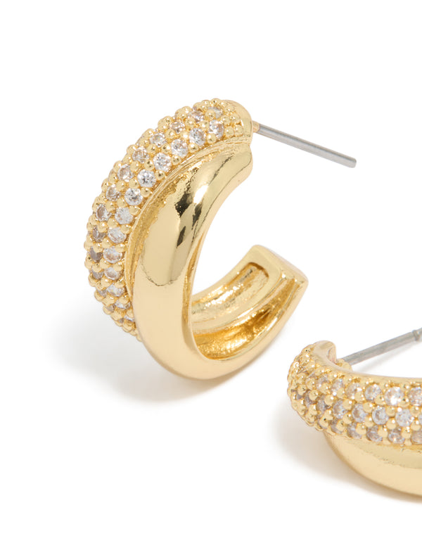 Gold Plated Cubic Zirconia Pavé & Plain Layered Hoop Earrings