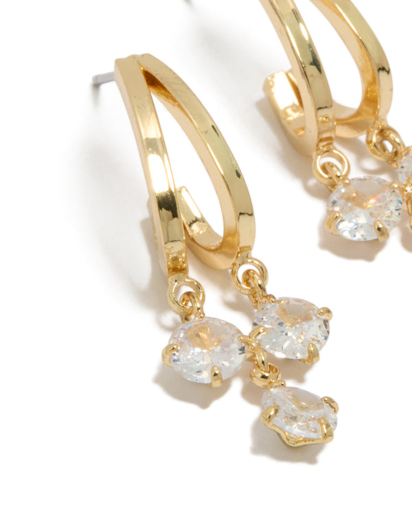 Elegant gold plated cubic zirconia double drop hoop earrings with clear stones close up view