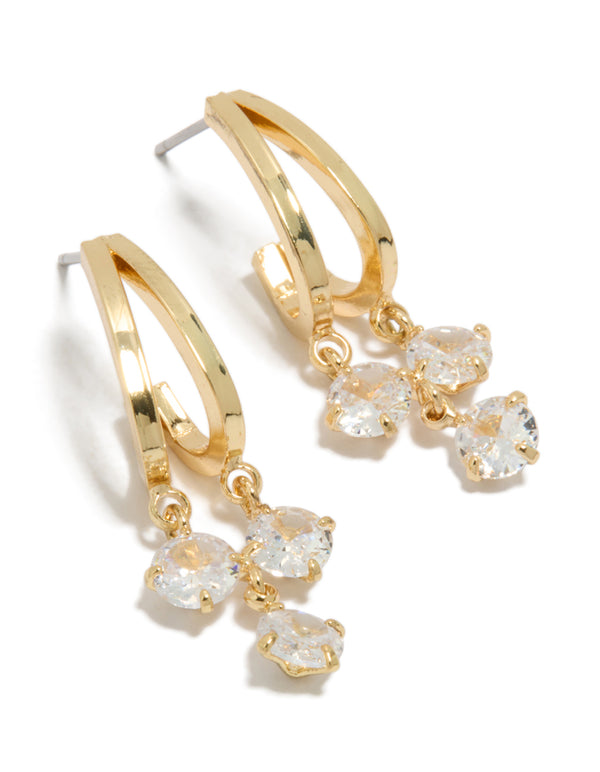 Stunning gold plated cubic zirconia double drop hoop earrings featuring clear stones and hoop closure front view