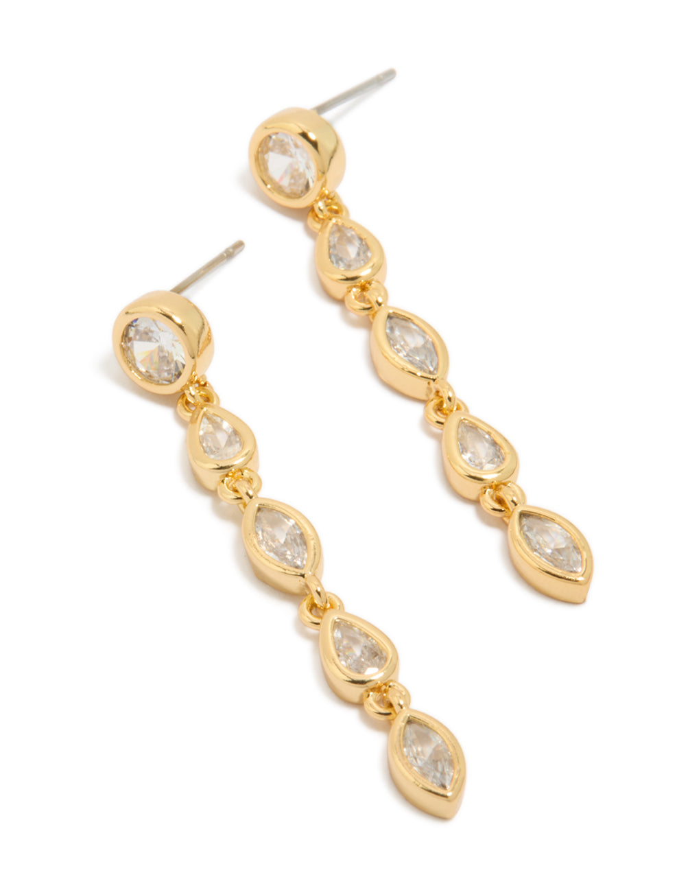 Showcasing statement long drop earrings crafted from gold plated metal with mixed shape cubic zirconia stones front view