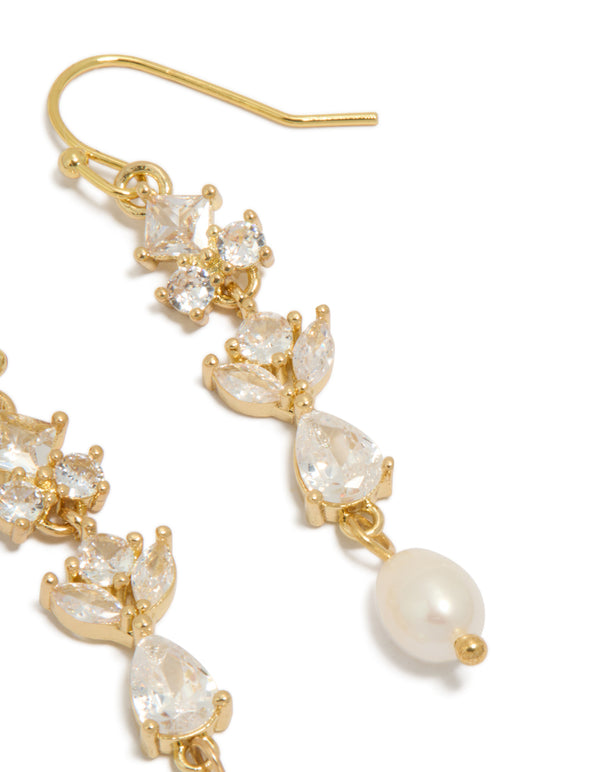 Elegant gold plated cubic zirconia and freshwater pearl vine hook drop earrings with charm elements post detail view