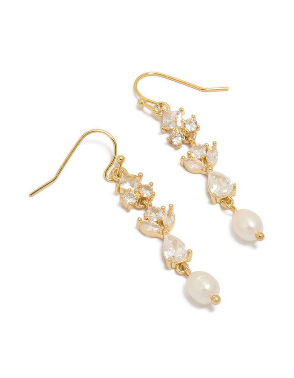 Beautifully crafted gold plated cubic zirconia and freshwater pearl vine hook drop earrings with charm details front view