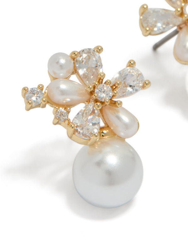 Gold Plated Cubic Zirconia Flower Pearl Drop Stud Earrings