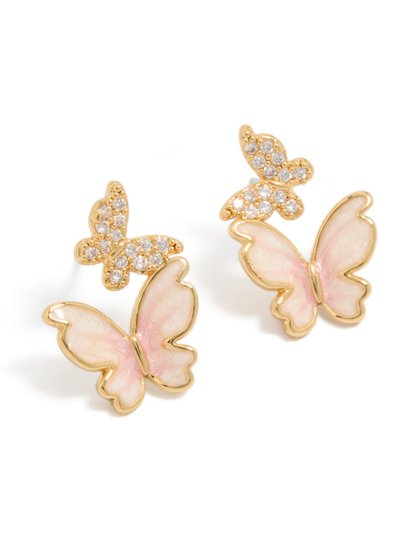 Gold Plated Small Pink Enamel & Cubic Zirconia Butterfly Earrings
