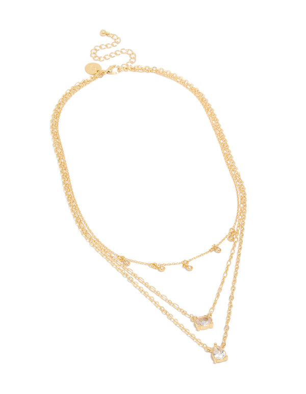 Elegant charm necklace crafted from gold plated cubic zirconia with triple layered design front view