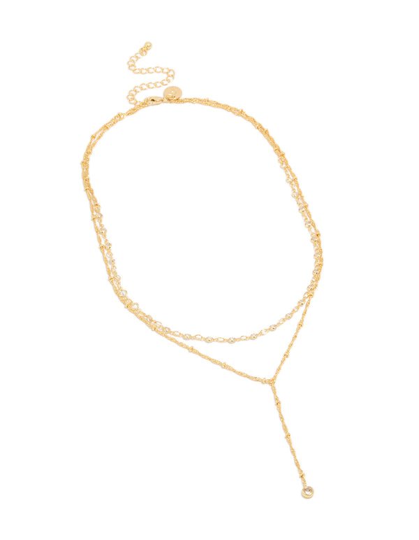 Gold Plated Cubic Zirconia Bezel Layered Chain Y-Necklace