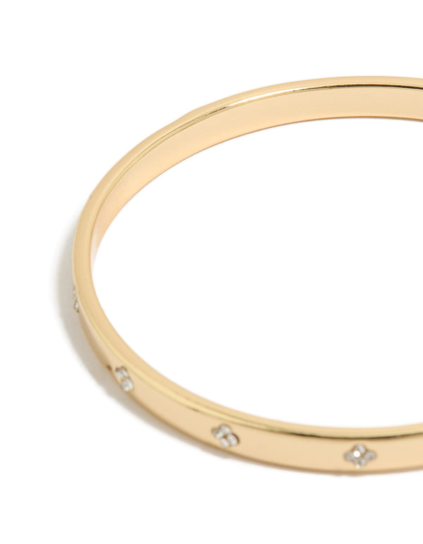 Gold Plated Cubic Zirconia Flowers Bezel Set Bangle