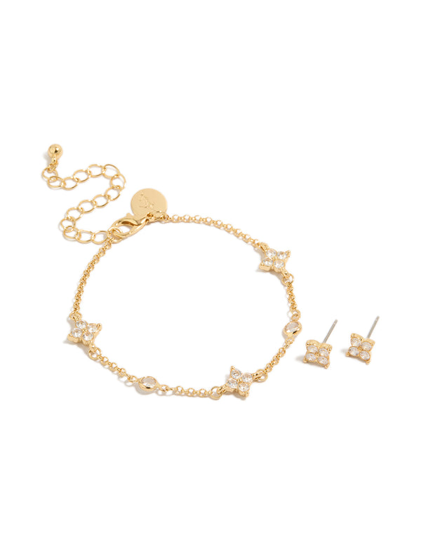 Gold Plated Cubic Zirconia Flower Earrings & Bracelet Set