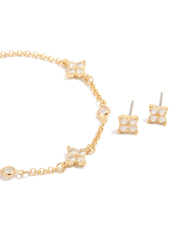 Gold Plated Cubic Zirconia Flower Earrings & Bracelet Set