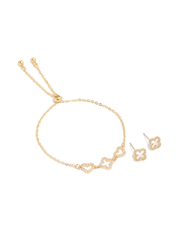 Gold Plated Cubic Zirconia Flower & Heart Outline Bracelet & Earrings Set