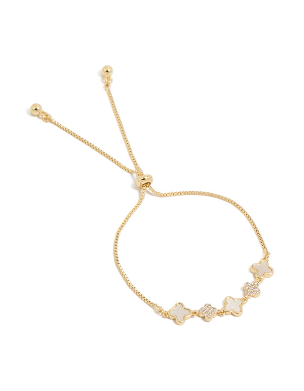 Gold Plated Cubic Zirconia & Plain Flowers Inlay Toggle Bracelet
