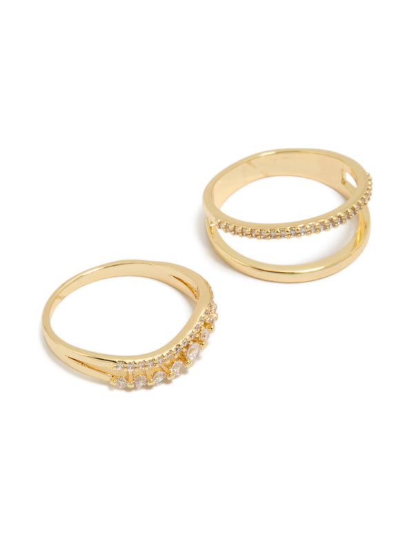 Featuring gold plated cubic zirconia woven pavé rings 3-pack with statement design close up view