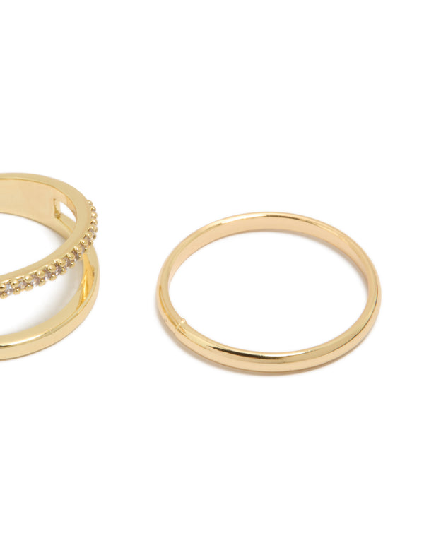 Highlighting gold plated cubic zirconia woven pavé rings 3-pack with statement styling side detail view