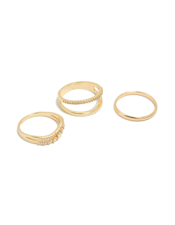 Showcasing gold plated cubic zirconia woven pavé rings 3-pack with statement style front view