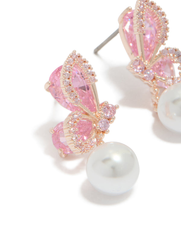 Rose Gold Plated Cubic Zirconia Butterfly Pearl Drop Earrings