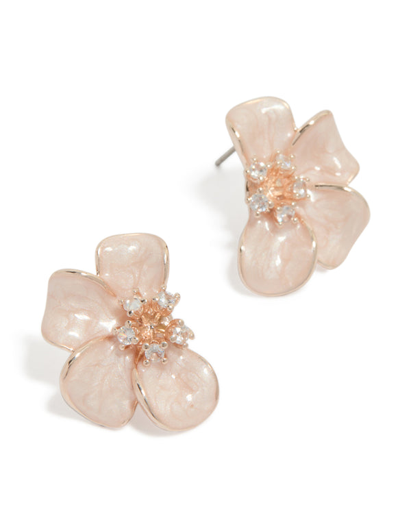 Showcasing rose gold plated diamante pink half flower earrings with featuring glitter details and stud closure front view