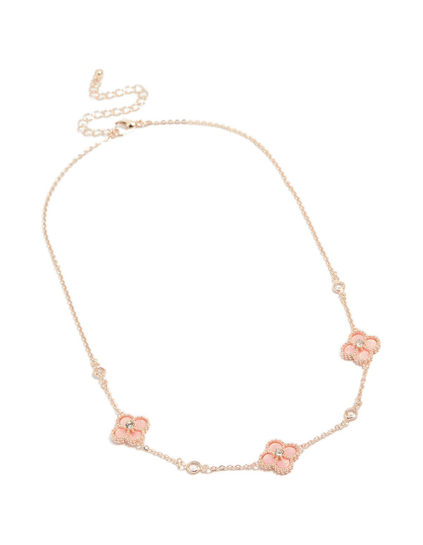 Rose Gold Plated Cubic Zirconia Centre Pink Flower Charms Necklace