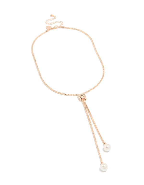 This rose gold plated pearl twist chain adjustable Y-necklace with statement accents front view