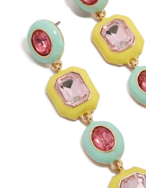 Elegant statement diamentes drop earrings in enamel featuring yellow, aquamarine, light pink, and gold hues close up view