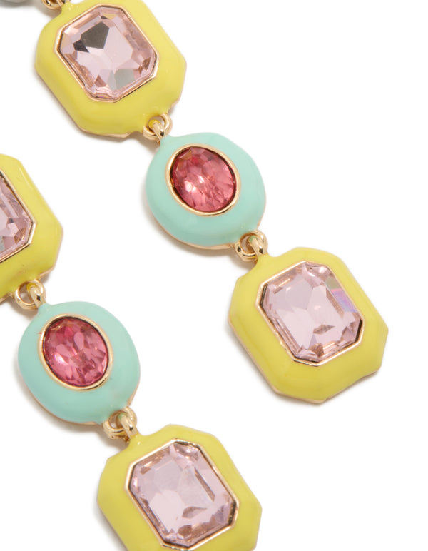 Beautiful statement diamentes drop earrings with enamel design in yellow, aquamarine, light pink, and gold shades post detail view