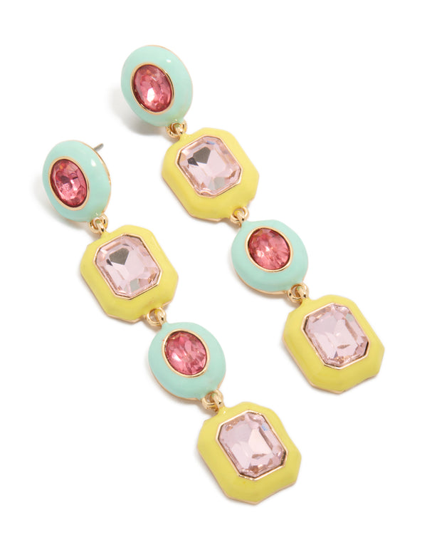 Showcasing statement diamentes drop earrings crafted from enamel with yellow, aquamarine, light pink and gold tones front view