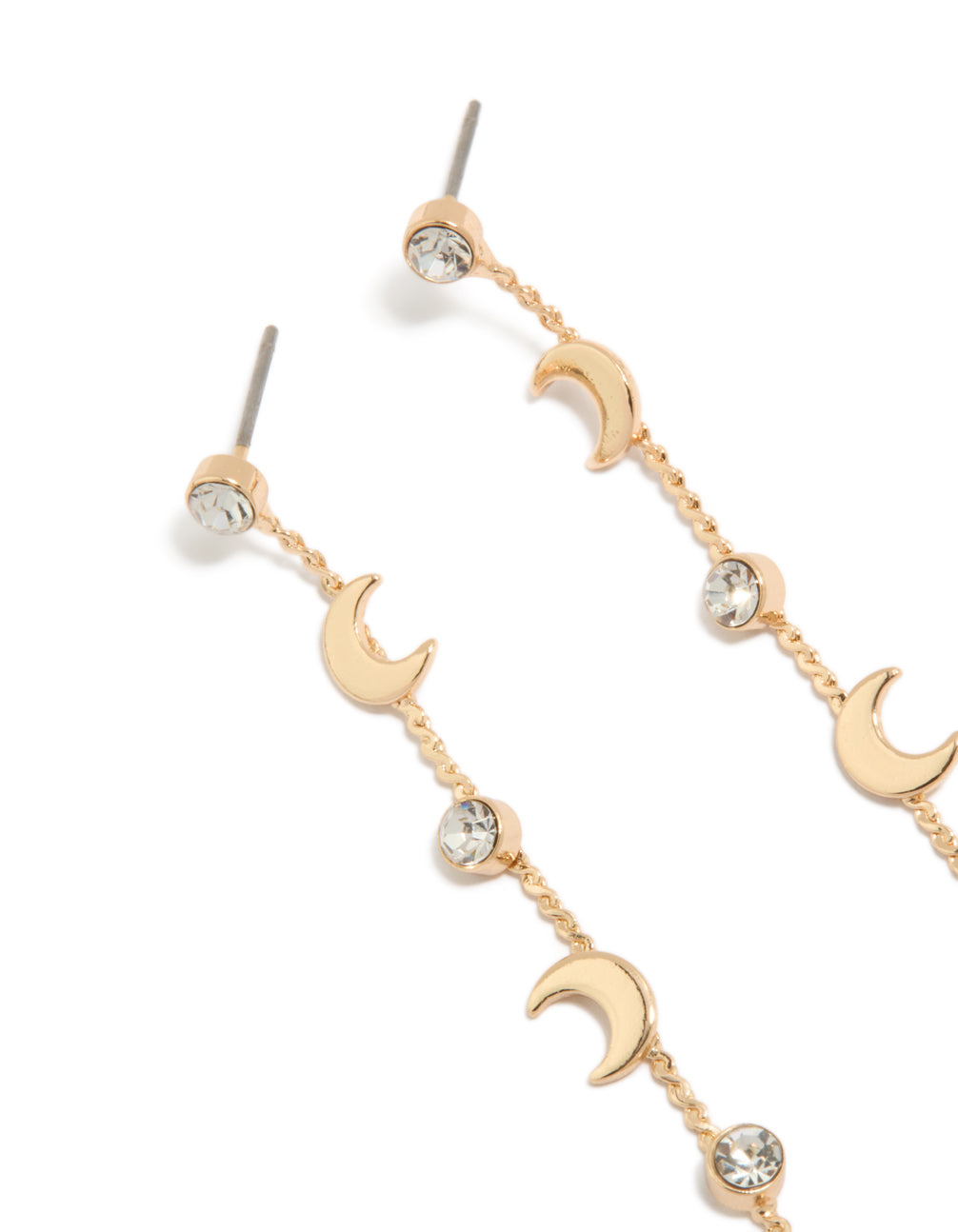 Featuring gold clear diamante and celestial charm thin drop earrings close up view