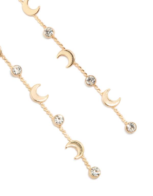 Gold Clear Diamante & Celestial Thin Drop Earrings