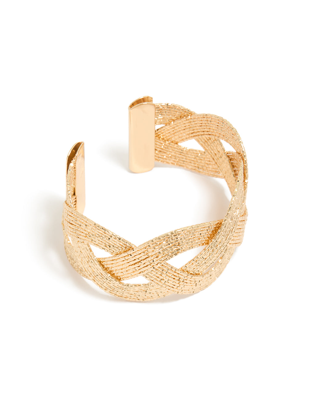 Showcasing a plaited wrist cuff in gold, bangle style front view